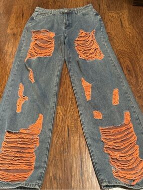 AKIRA Blue Denim Wide-Leg Jeans with Distressed Orange Underlay Size 9 (waist 28